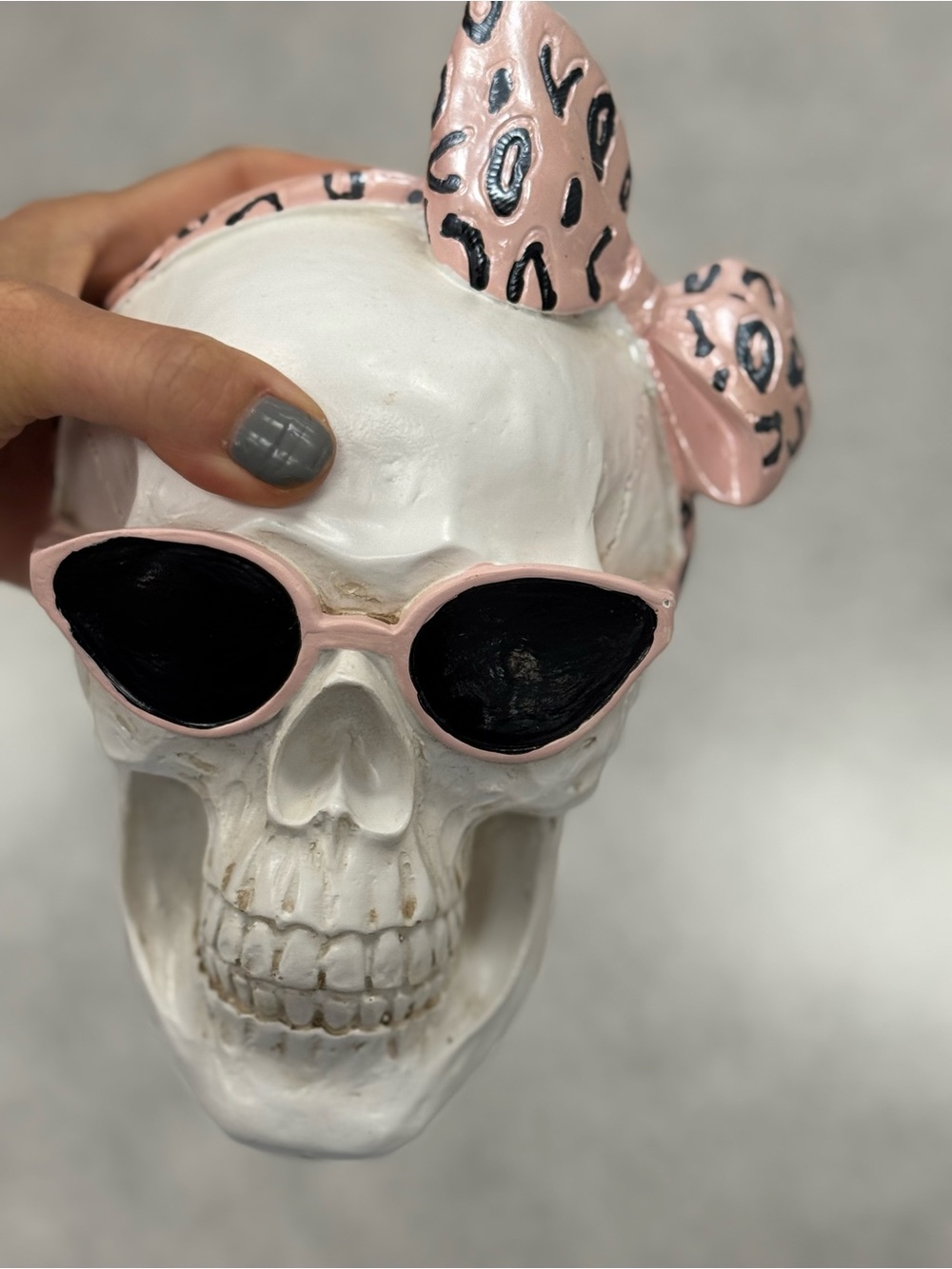 Decorative Skull with Pink Leopard Bow and Sunglasses